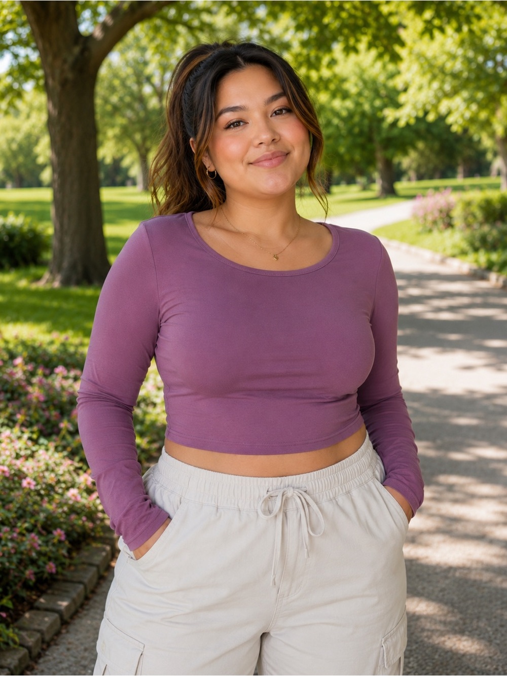 Fashion XL Mauve/Lavender Stretchy Scoop Neck Long Sleeve Crop Top